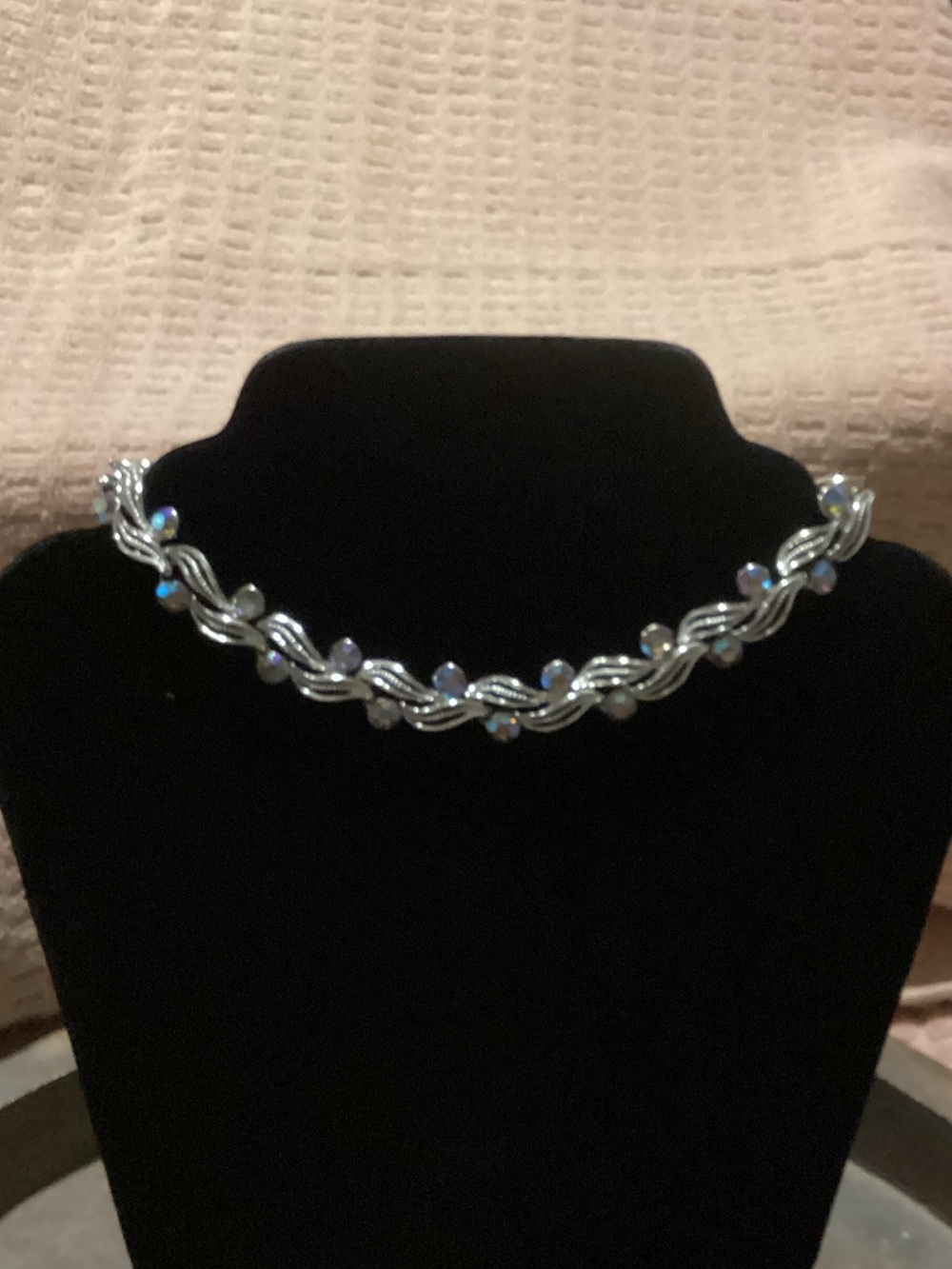 Silver-Tone Braided Choker Necklace with Iridescent Stones